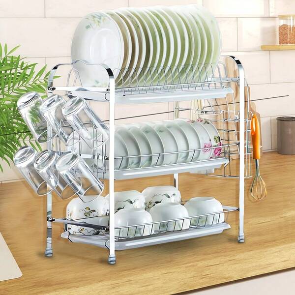 Escurridor de cocina de alta calidad, doble escurridor, tres niveles y tres bandejas. Escurreplatos de acero inoxidable con escurridor para platos, cuencos y tazas. Estante extraíble de 3 niveles.
