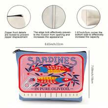 Vintage Sardine Pattern Unisex Cosmetic Bag, Foldable Spacious Zipper Pouch, Convenient Travel Accessory Storage Bag, Multifunctional Coin Purse, Pencil Case, Great Gift For Kids, Friends, Classmates, Teachers, Valentine's Day, Christmas, Thanksgiving, Mother's Day, Children's Day, Back To School, Graduation - Mint Blue - View 4