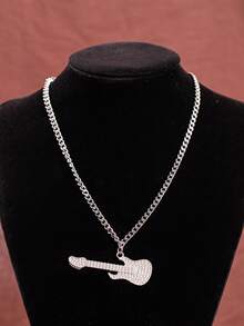 1pc Punk Rock Fashion Exaggerated Zirconia Guitar Pendant Necklace, Suitable For Daily, Party, Casual Wear, Unisex (No Gift Box)