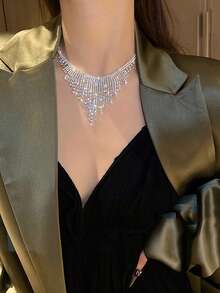 1PC Luxury Crystal Tassel Necklace For Women Shiny Geometric Full Rhinestone Chain Choker Necklace For Dress Nightclub Jazz Dance Jewelry - Style 1 - View 7