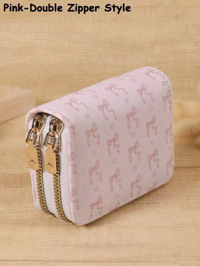 Pink Bow & Heart Pattern Multi-Functional Coin Purse, Dual Zipper Card Holder, Single Zipper Card Pouch, Multi-Card Slots Card Case, Can Hold Credit Cards, Lightweight & Minimalist, Fashion & Modern, Business Casual, Suitable For Anniversary, Christmas, Valentine's Day, Birthday And Other Occasions, Also Can Be A Gift For Lover, Women, Girls, Ladies, Or Used As A Pencil Case For School And Dorm