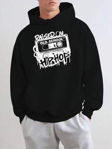 Sudadera con capucha de textura de terciopelo para hombres de-hop de la vieja escuela - Sudadera con estampado gráfico retro amarillo vibrante, ajuste regular, manga larga, ropa casual de invierno, regalo de moda americana para hombres, sudadera vintage - Negro - Ver 8