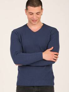 Men's V-Neck Jacquard Sweater Regular Fit - Blue - View 3