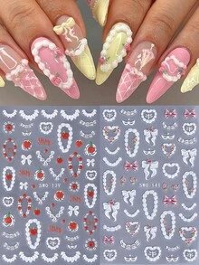 5D Rose Fruit Cream Nail Stickers 2pcs White Pink Rose Flower Strawberry Cherry Bow Sweetheart Chain Glasses Mask Birthday Cake Cream Design DIY Self-Adhesive Gel Polish Charm Manicure Decal Sliders Nail Art Decoration