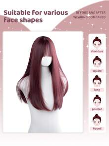 1顶带刘海的耐热合成假发，长直红发，24英寸，纤维材质，适合日常佩戴和派对，高度逼真。 - 紅色 - 查看 2