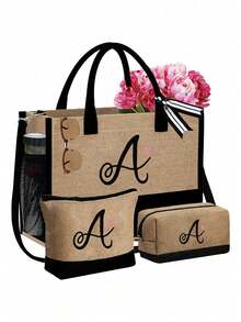 字母帆布手提袋套装，包含化妆包、洗漱包、钱包和个性化礼品袋，时尚休闲单肩包，适合婚礼、生日、海滩、度假、节日、上学等场合，是送给女性、妈妈、老师和朋友的绝佳礼物。 - 彩色 - 查看 59