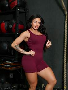 Seamless High Waist Ribbed Sports Gym Yoga Jumpsuit YI-60 - Burgundy - View 6
