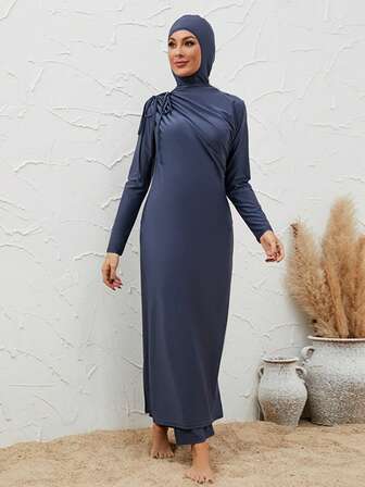VFJ Women's Full Coverage High Waist High Stretch Burkini Elegant Round Neck Long Sleeve Modest Swimsuit