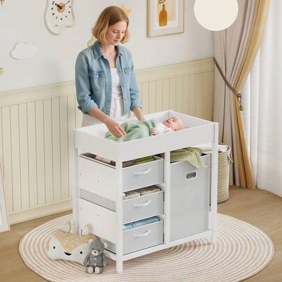 AIYAPLAY Baby Changing Table With 4 Drawers, Nursery Diaper Baby Changing Unit For 0-12 Months (Max. 11kg), With Mat, Infant Care Station For Bedroom Nursery, White