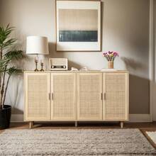 158CM Elegant And Functional 4-Door Rattan Decorative Storage Cabinet For Bedroom, Living Room, Office, Black; 158CM Elegant And Functional 4-Door Rattan Cabinet For Bedroom, Living Room, Office - 天然+刨花板 - 查看 7