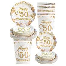 50e Anniversaire Ballons Assiettes et Gobelets en Papier Jetables, Assiettes et Gobelets Fournitures de Fête Convenant pour 30 Invités, Assiettes en Papier Jetables Vaisselle de Fête Convenant pour Anniversaire, Mariage, Fête, Pique-Nique Familial