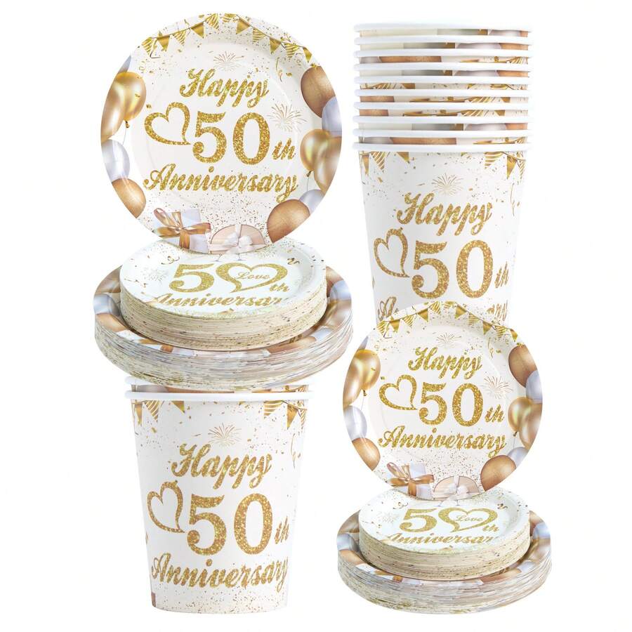 50e Anniversaire Ballons Assiettes et Gobelets en Papier Jetables, Assiettes et Gobelets Fournitures de Fête Convenant pour 30 Invités, Assiettes en Papier Jetables Vaisselle de Fête Convenant pour Anniversaire, Mariage, Fête, Pique-Nique Familial