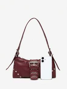 1 件女式复古 Melade 安哥拉红色做旧皮革豹纹摩托车包，带铆钉扣装饰，单肩包/腋下包/法棍包/方形包，适合工作、通勤、约会、派对 - 酒紅色 - 查看 4