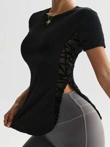 女士极简拼接侧边运动瑜伽短袖T恤 黑色 - 黑色 - 查看 2