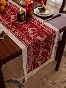 1 pieza Camino de mesa de tela rojo navideño, con flecos de borlas, diseño de estilo nórdico con estampado de ciervos, adecuado para mesa de comedor, sala de estar, decoración del hogar, regalo festivo y decoración de fiesta, disponible en varios tamaños - Rojo - Ver 7