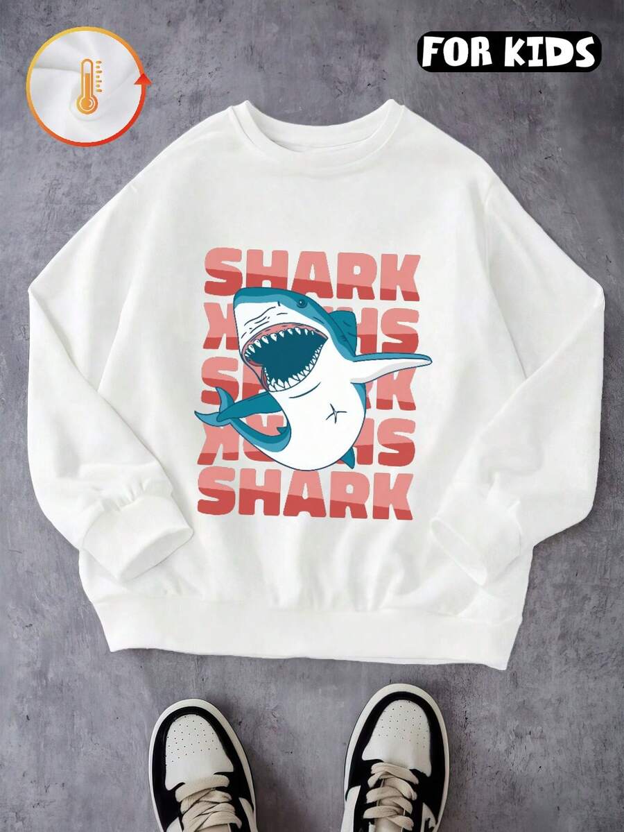 Herbst und Winter Neuankömmling, Fleece verstärkter Rundhals Langarm Top mit Hai Muster Kinder Hoodie, geeignet für Outdoor-Sportbekleidung, passend für Jungen und Mädchen - Weiss - Übersicht 1