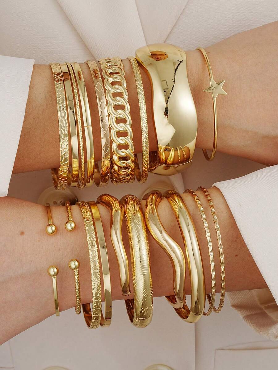 3-19 piezas Conjunto de brazaletes anchos de metal geométricos asimétricos exagerados de moda, adecuados para mujeres, unisex, parejas, uso diario, citas, bodas, fiestas, regalos de cumpleaños para amigos, novias, madres