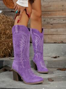 Women's New Fashion Solid Color Embroidered Slip-On High Heel Boots, - Purple - View 4