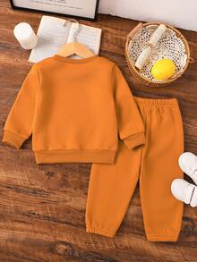 Baby Girl Fashion Shiny Diamond Heart & Letter Print Crew Neck Sweatshirt And Jogger Pants Set, Autumn/Winter - Brown - View 2