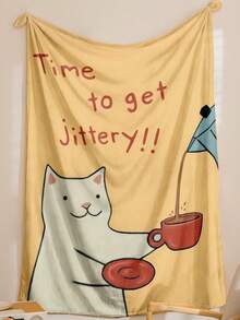 1 pieza Manta de franela con patrón de gato de dibujos animados y café, decoración del hogar, picnic, viaje, manta suave, regalo acogedor para familia, amigos, usted mismo, uso diario/festivo/conmemorativo, para todas las estaciones