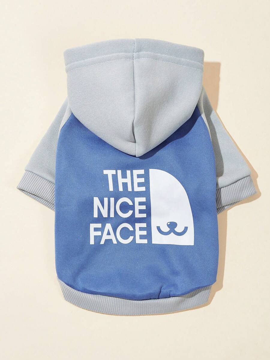 LUCKIE LABO 1件裝配色拼接 NICE FACE 英文標語印花貓狗用聚酯纖維連帽衛衣,防跳蚤、減少掉毛、保暖,適合室內外使用 - 藍色 - 查看 1