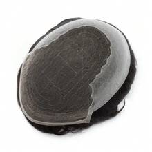 男士自然黑色 100% 真人发质假发 - Q6 法式蕾丝前假发，逼真发际线，手工绑制 8X10 毛细血管假体