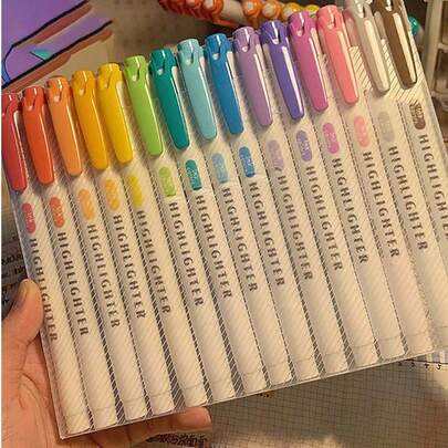 Bộ 15 bút dạ quang hai đầu, kích thước 17*14cm, bút dạ quang hai đầu màu pastel dùng để tô màu, gạch chân, đánh dấu, đầu bút thô và mảnh, vật dụng cần thiết cho năm học mới.