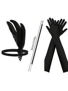 1920年代女士派对化妆舞会头饰耳环羽毛派对复古优雅性感高端头饰2-3件套，适合万圣节派对 - 黑色 - 查看 2