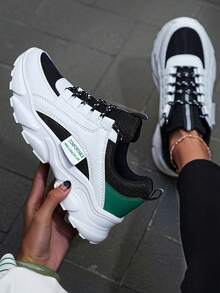 ​Women's White Black Green Chunky Sole Sneakers - Breathable Mesh Upper With Raw Hem Denim For Street Style Comfort, Year-Round Shoes For Women​ - Nhiều màu - Xem 1
