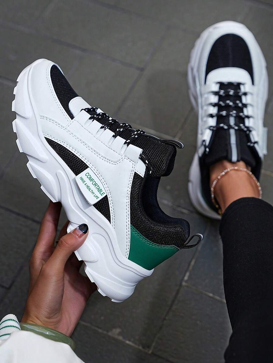 Women's White Black Green Chunky Sole Sneakers - Breathable Mesh Upper With Raw Hem Denim For Street Style Comfort, Year-Round Shoes For Women - Nhiều màu - Xem 1