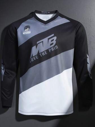 长袖骑行服 - V 领上衣，适合山地自行车、越野摩托车赛车和户外运动 - 四季舒适，可机洗，骑行装备，全天候户外服装，时尚运动设计