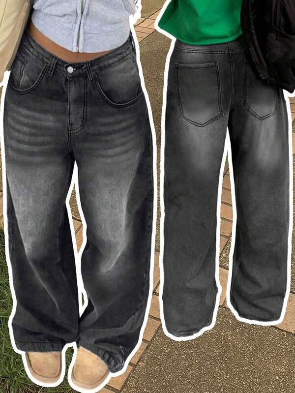 Gray American Retro Wide-Leg Jeans For Women 2025 Autumn New Ripple Drape Loose Straight Floor-Length Pants