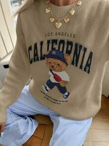 كنزة صوفية نسائية كاجوال بطبعة رقمية لدب، رقبة طاقم، مناسبة للارتداء اليومي والتنقل والتسوق، خريف/شتاء - متعدد الألوان - مشاهدة 3