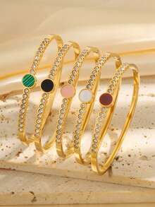 1 pieza Brazalete clásico de acero inoxidable bellamente brillante con disco incrustado de circonita sintética de colores, para uso diario de hombres, mujeres y parejas, ideal como regalo de vacaciones