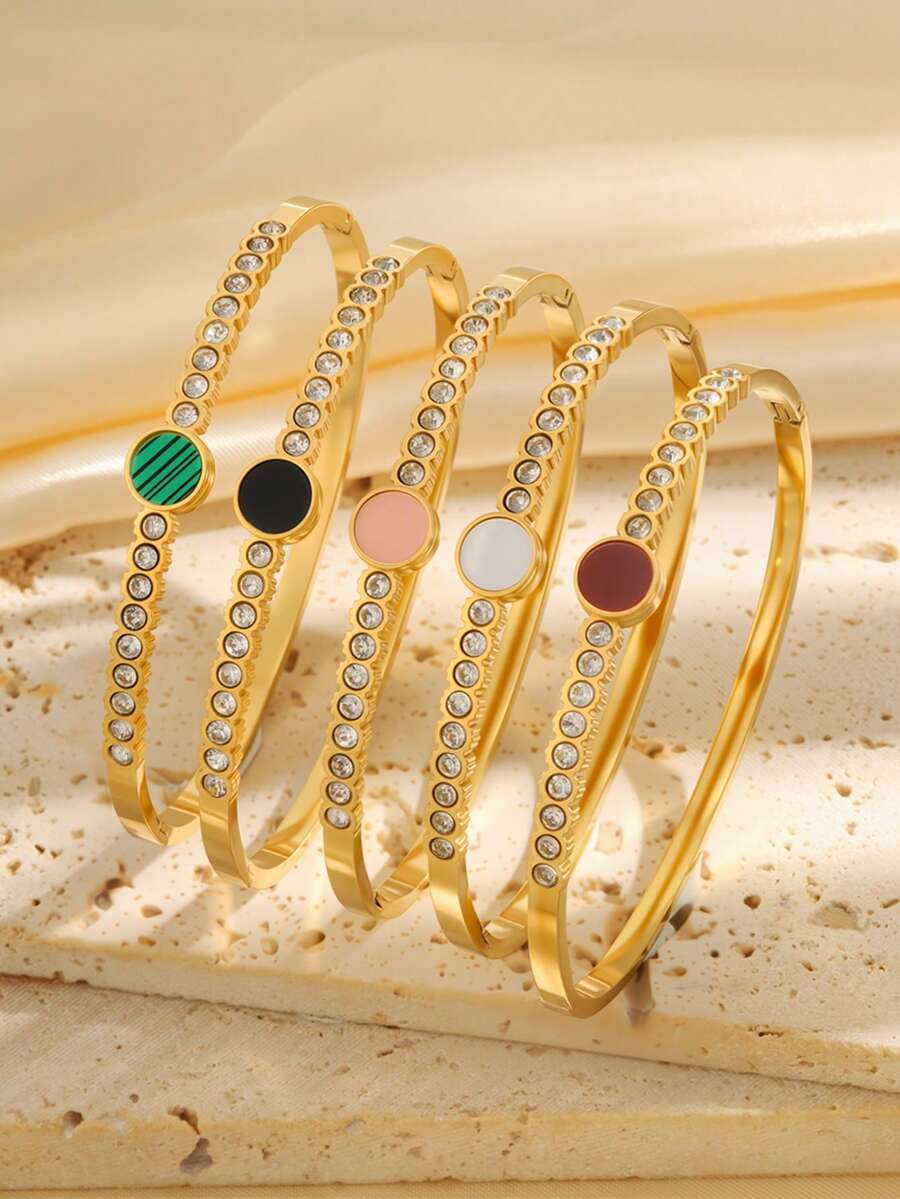 1 pieza Brazalete clásico de acero inoxidable bellamente brillante con disco incrustado de circonita sintética de colores, para uso diario de hombres, mujeres y parejas, ideal como regalo de vacaciones