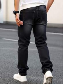 Jeans rectos rotos y ajustados casuales para hombre, estilo simple, cómodos y de moda, adecuados para viajes diarios y deportes al aire libre. - Negro - Ver 2