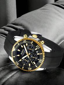 1 Đồng hồ nam BIDEN có vành lặn, chức năng bấm giờ, chống nước, thiết kế phát sáng, dây cao su, lịch ngày dạng kim thể thao thanh lịch - màu đen - Xem 3