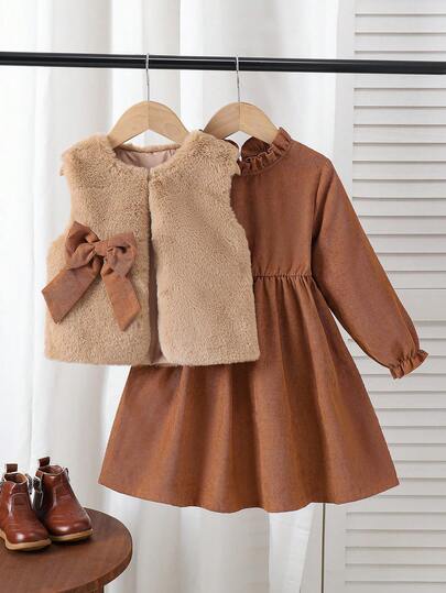 2pcs/Set Girls Solid Color Fuzzy Bow Sleeveless Vest + Corduroy Casual Dress Outfit, Autumn
