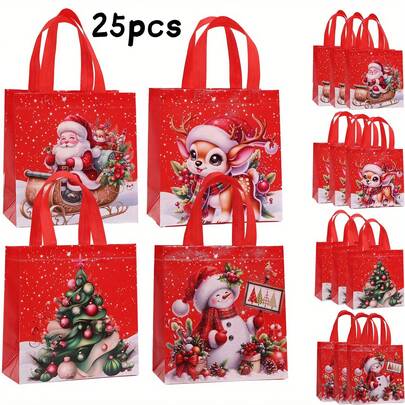 25pcs Christmas Gift Bags With Handles, Red Color, Suitable For Gift Wrapping And Party Supplies, Small Gift Bags, Christmas Non-Woven Gift Bags, Santa Claus, Reindeer, Snowman, Christmas Bells, Christmas Element Printed Gift Bags, Large Gift Bags, Personalized Gift Bags, Holiday Gifts, Holiday Packaging, Classic Holiday, Decorative Bags, Sturdy Handles, High Quality Gift Bags, Holiday Gift Bags, Christmas Gift Bags, Small Gift Bags, Christmas Bags, Birthday Bags