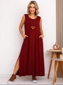 Women's Long Dress With Side Slit Plus Size - Redwood - View 1