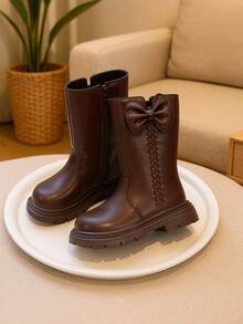 1双儿童/青少年西部风格PU皮革蝴蝶结装饰中筒靴，经典黑色/复古纯棕色，休闲切尔西靴，舒适绒面内里，厚底，适合3-14岁女孩日常、聚会、假期、秋冬季穿着。 - 棕色 - 查看 7