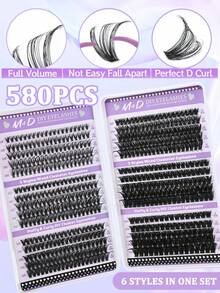 580 Pieces Eyelash Extension Kit, DIY Eyelash Extension Kit Single Eyelash Cluster D Curl, Various Styles Of Hot-Fusing Tufts, Eyelash Cluster With Tweezers, Eyelash Brush Makeup Tools, Suitable For Self-Application At Home (30D-40D-50D-60D-80D-100D)