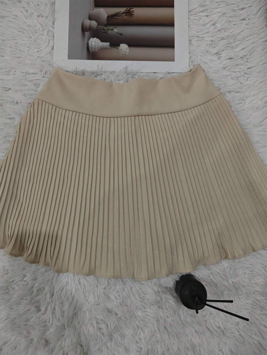Women's Solid Color Pleated Short Skirt - Pleated Rice - View 1
