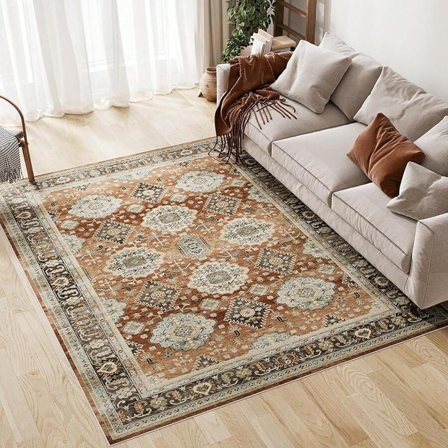 Dripex Machine Washable Rug - Green Boho Living Room & Bedroom Soft Short Pile Dining Room & Traditional Kitchen Non Slip 80x150cm - Ruby Red/Brown - View 1