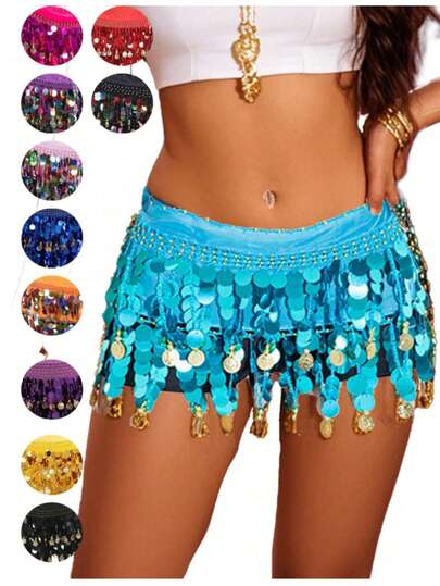 Belly Dance Hip Scarf, Sweet Belly Dance Skirt Wrap Performance Shiny Sequin Coins, Women Belly Dance Costume