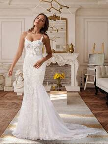 Elegant Sexy Lace Applique Embroidery Mermaid Wedding Dress For Bride,Open Back Tuyhe Formal Evening Party Dress Bridal Gowns,Romantic Church Ceremony Wedding Dress,Suitable For Wedding,Dating,Birthday Party,Singles' Party,Vacation,Formal Occasions,Dinner Dress,Prom Dress,Homecoming Dress,Cocktail Party - 白色 - 查看 3