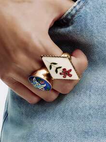 Bộ nhẫn dầu nhỏ giọt màu chạm khắc Baroque ZAA, thiết kế hình hoa cổ điển cung điện thủ công, cá nhân hóa, đa năng, trang sức cao cấp, nhẫn tinh tế cổ điển kiểu Tây Ban Nha, phụ kiện trang sức dự tiệc sang trọng chất lượng cao dành cho nữ - Nhiều màu - Xem 2