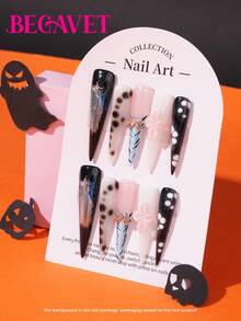 BEGAVET Halloween Nails Collection 10pcs Handmade Salon Quality Nail Art Acrylic Press On Nails Black Nails 3D Carved Flower Super Long Exclusive Design 3D Nails With 3D Charms, Suitable For Parties/Music Festival And Daily Wear