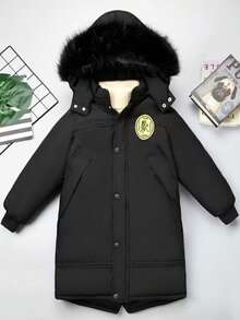 Boys' Fashionable Thickened Warm Winter Coats Casual Black Hooded Jacket With Embroidered Patches & Pockets, Long Sleeve, Suitable For Cold Weather - Black - View 3