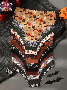 12 peças/pacote Calcinhas Sem Costura Femininas de Halloween com Estampa de Abóbora e Caveira
